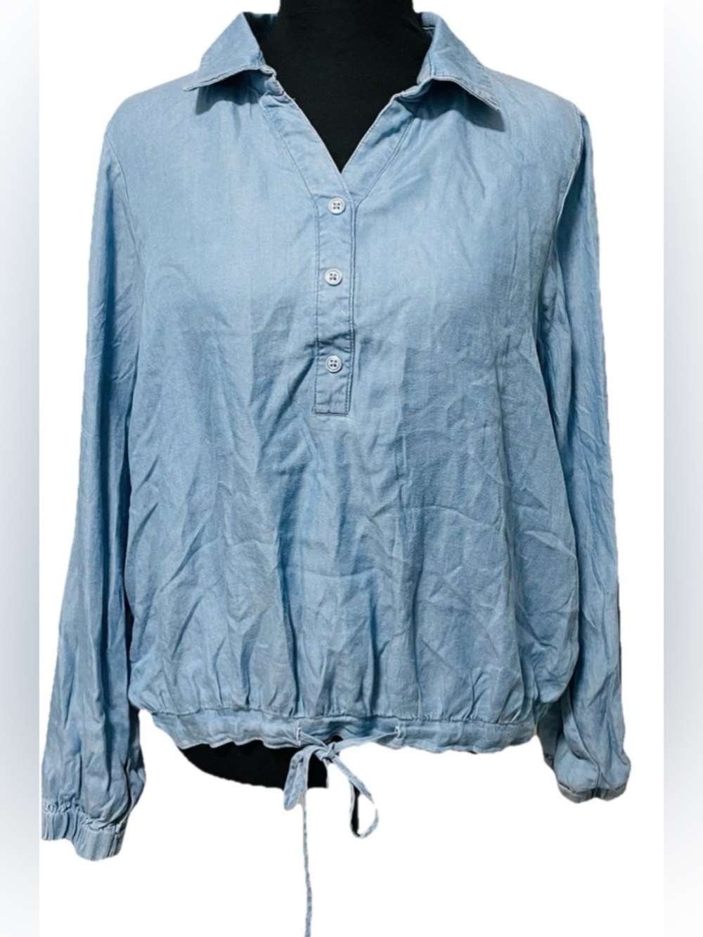 Seven Manor Light Blue Denim-Look Tunic Top with Elastic Drawstring Waist sz L